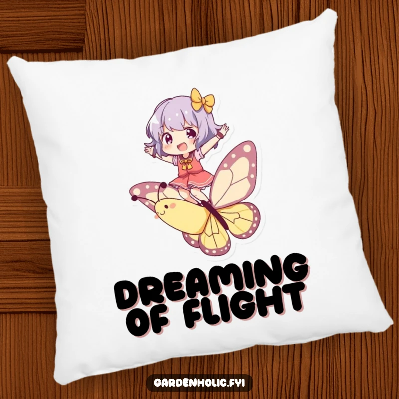 Funny Pillow: Character joyfully balancing on a playful butterfly, offering comfort with a humorous touch of airborne whimsy.