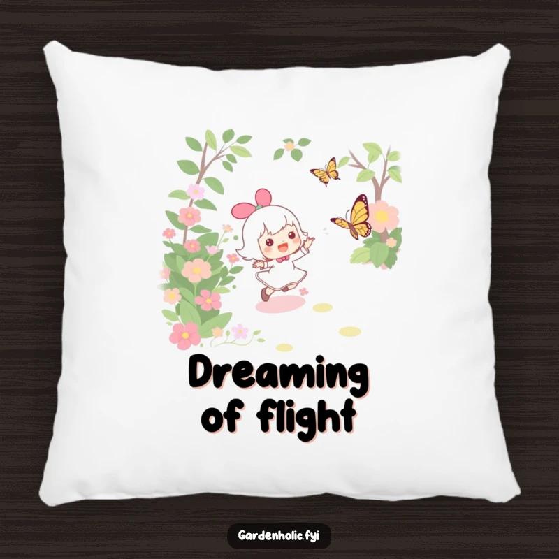 Funny pillow featuring a character joyfully chasing a butterfly through a garden, perfect for cozy comfort and whimsical decor.