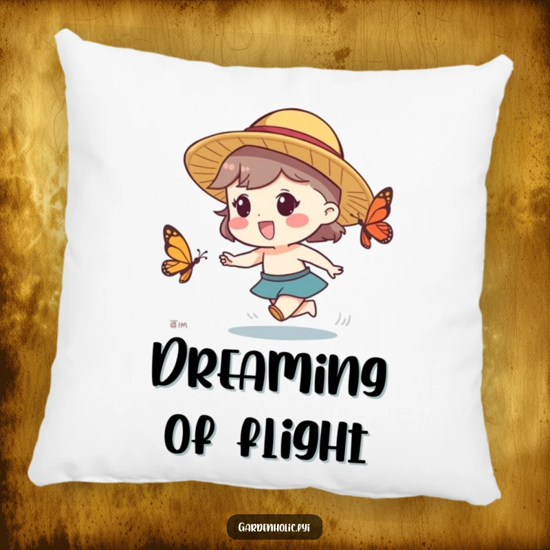 Funny pillow with a character in a straw hat excitedly chasing a butterfly, perfect for comfort and humor.