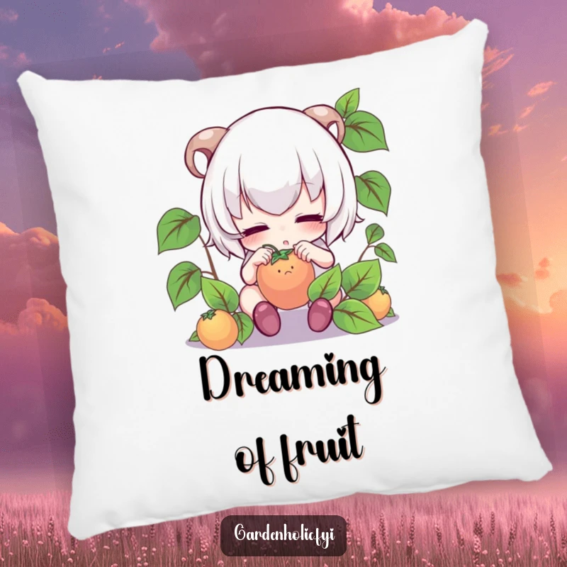 Funny pillow: Cute character intensely focused, gently tending to a tiny fruit, perfect for relaxation.
