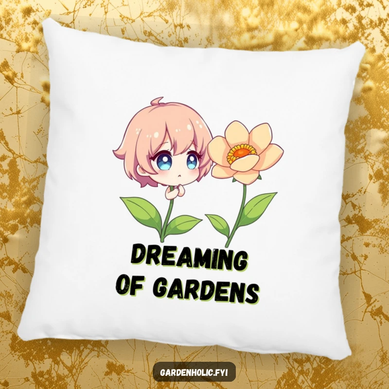 Funny Pillow with a character's sparkling eyes, admiring a vibrant, perfectly bloomed flower.