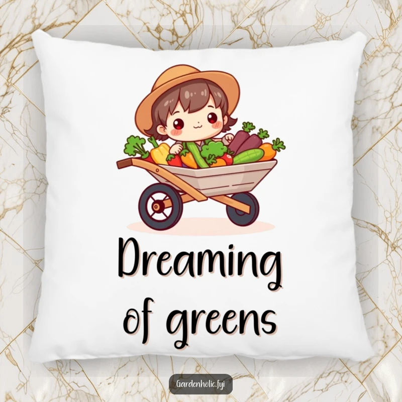Funny Pillow: Character beaming, holding a wheelbarrow full of vegetables, a comfortable and humorous addition to any home, a funny gift.