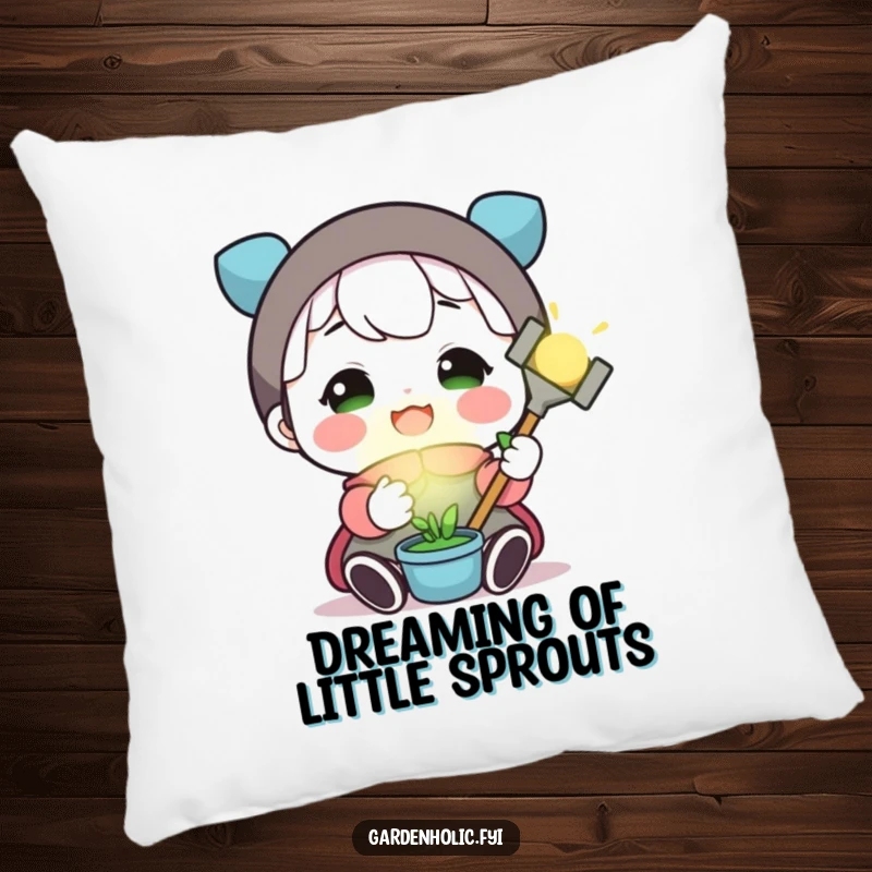 Funny pillow with a cheerful character holding a small, radiant gardening tool, radiating comfort and gardening happiness.