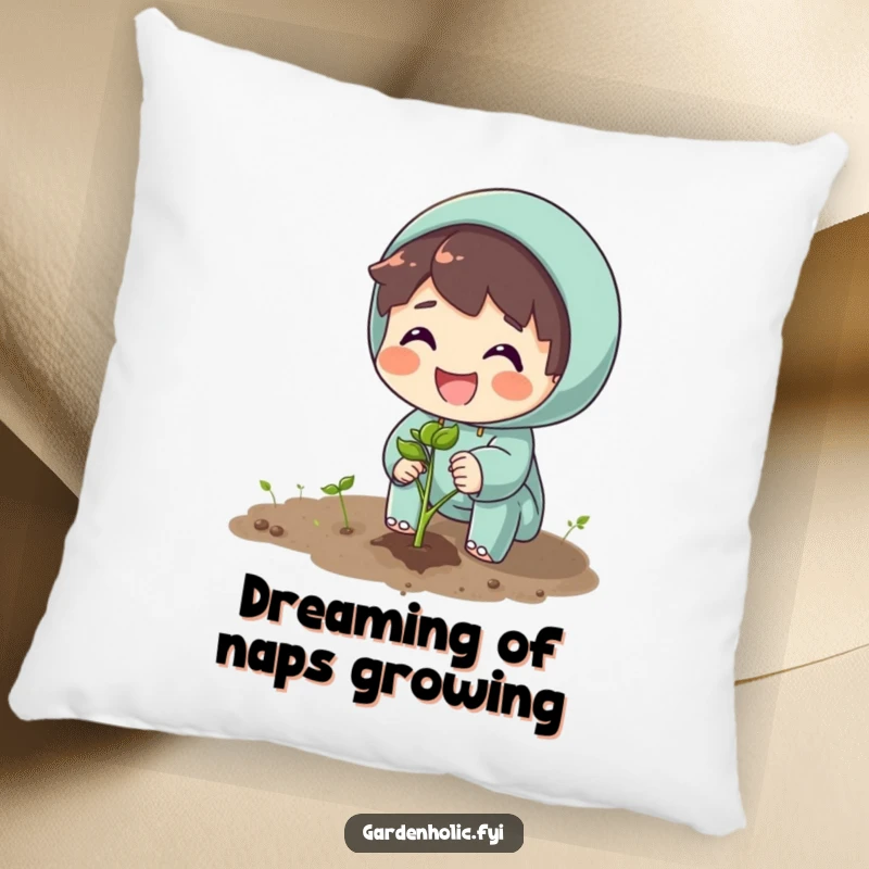 Funny pillow depicting a character enthusiastically planting a seed with a big smile, perfect for relaxation.