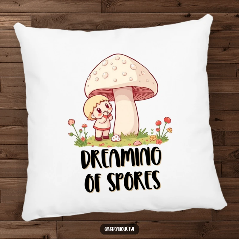 Funny Pillow: A character is depicted with excitement, marveling at a giant, dew-covered mushroom.