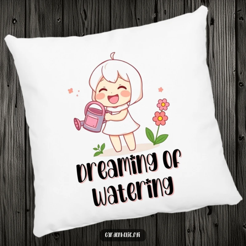 Funny pillow with a cute character joyfully watering a small blooming flower with a tiny watering can, perfect for cozy comfort.