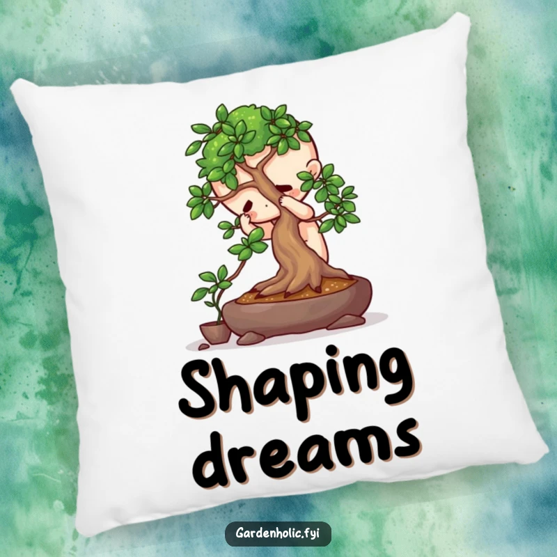 Funny pillow featuring a playful character intensely focused on pruning a miniature bonsai tree, perfect for cozy relaxation.