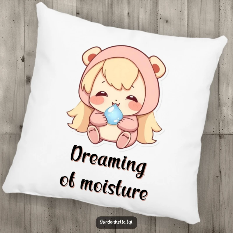 Funny pillow with a happy character carefully cradling a tiny, shimmering dewdrop, perfect for comfort and serenity.