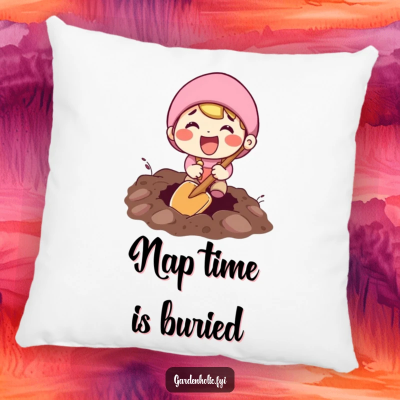 Funny pillow featuring an excited character digging with a tiny shovel, perfect for adding playful comfort and humor.