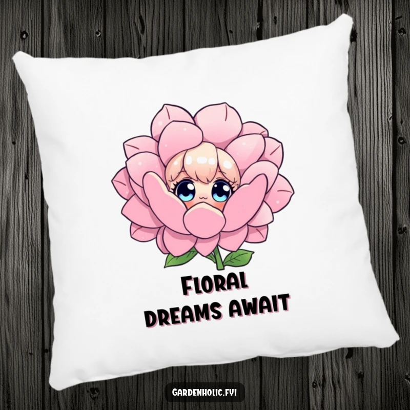 Funny pillow featuring a character with wide eyes admiring a giant, vibrant flower, offering plush comfort and artistic charm.