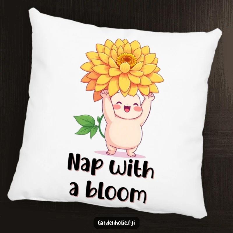 Funny pillow featuring a chubby character triumphantly holding a giant, vibrant flower, perfect for cozy relaxation.