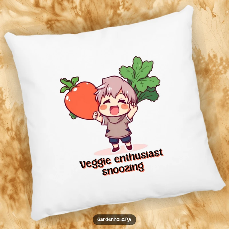 Funny pillow adorned with a jubilant character presenting a huge, colorful vegetable, adding a humorous touch to any seating area.