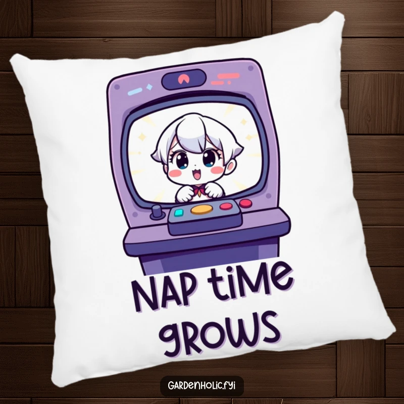 Funny pillow: Charming character looking surprised and delighted at a sprouting seedling, perfect for plant lovers.