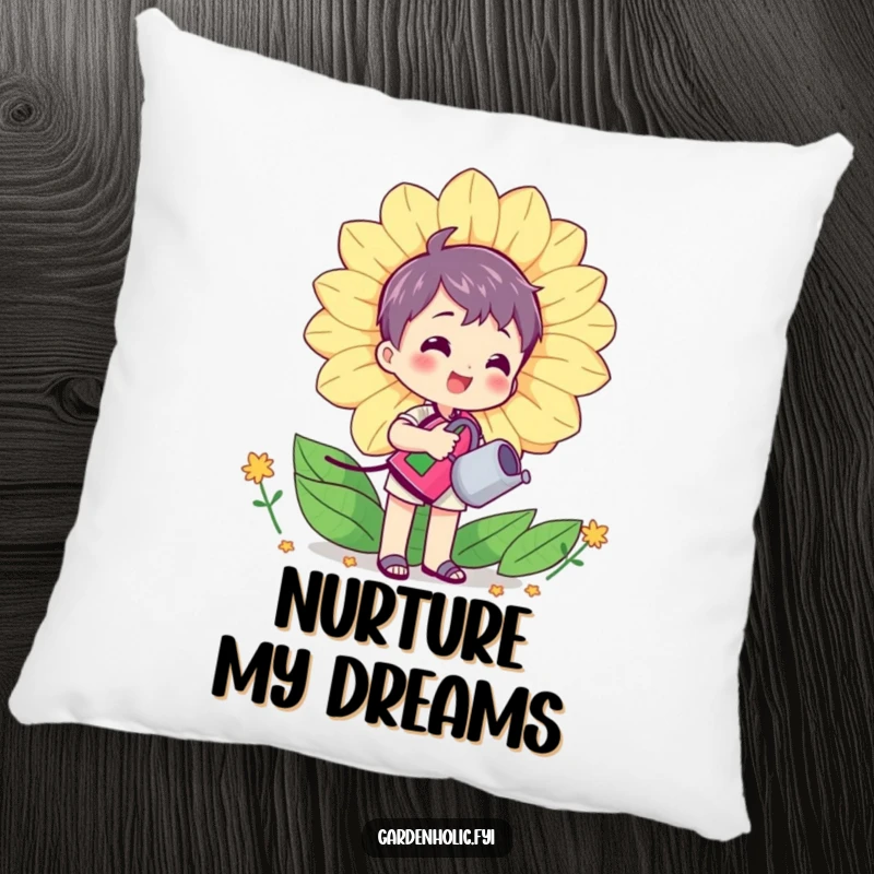 Funny pillow with a character happily watering a huge, smiling flower with a mini watering can, bringing cheerful garden vibes.