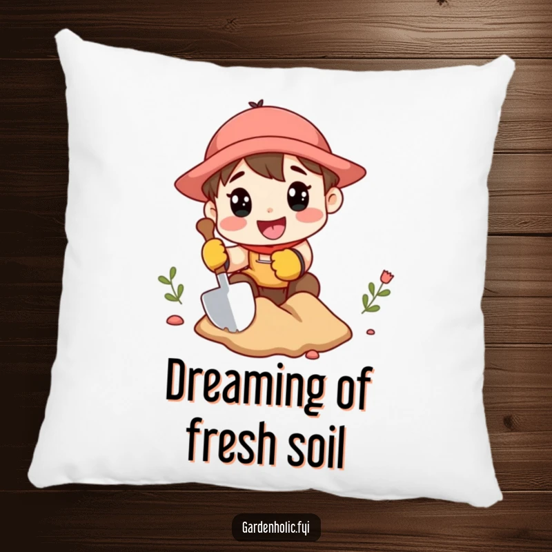 Funny pillow showcasing a character in gardening gloves, excitedly digging with a miniature shovel, adding energetic garden humor to any room.