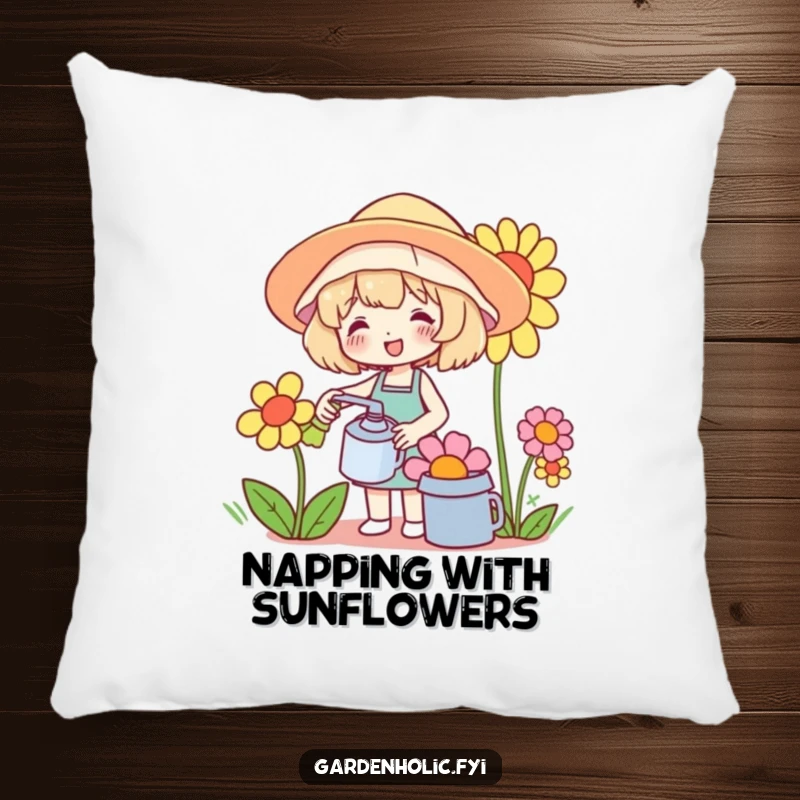 Funny pillow showcasing a cute character happily watering an oversized flower, adding cheerful garden humor to any room.