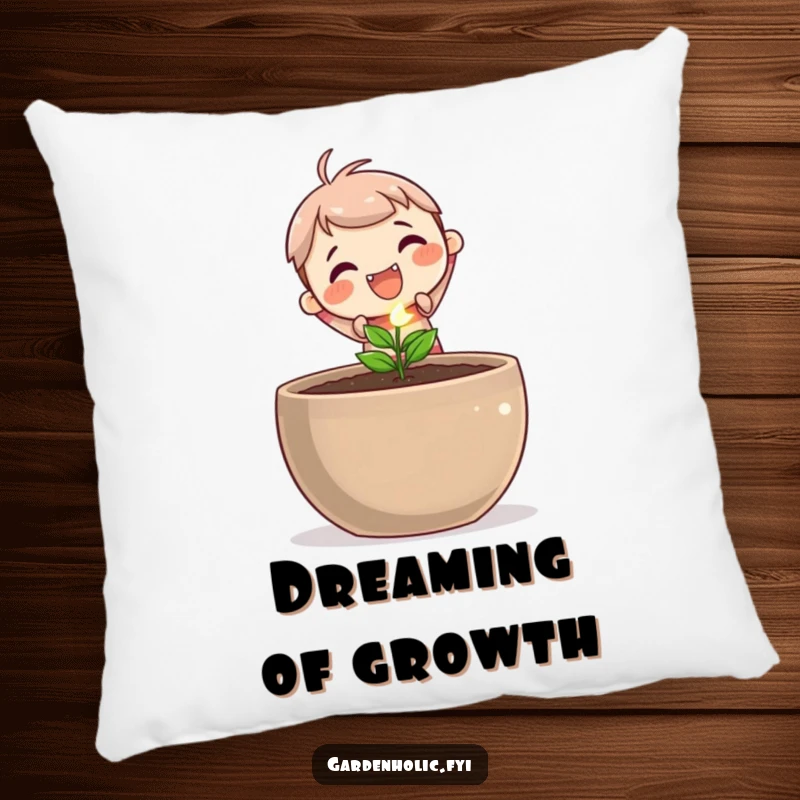 Funny pillow with a cute character planting a tiny, sparkling seed in a large pot, adding a touch of garden joy and comfort.