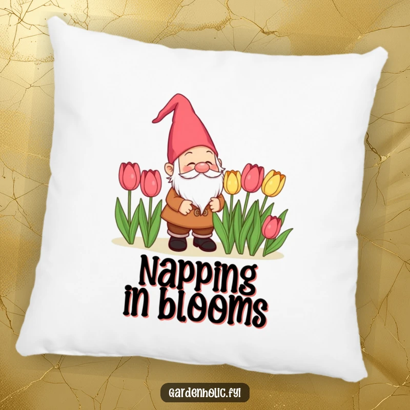 Funny delighted gnome character admiring tulips on a plush pillow, a cozy and funny home decor gift.