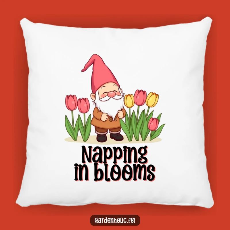 Funny Gnome Admiring Tulips Pillow: Cozy Garden Charm, Perfect Gift