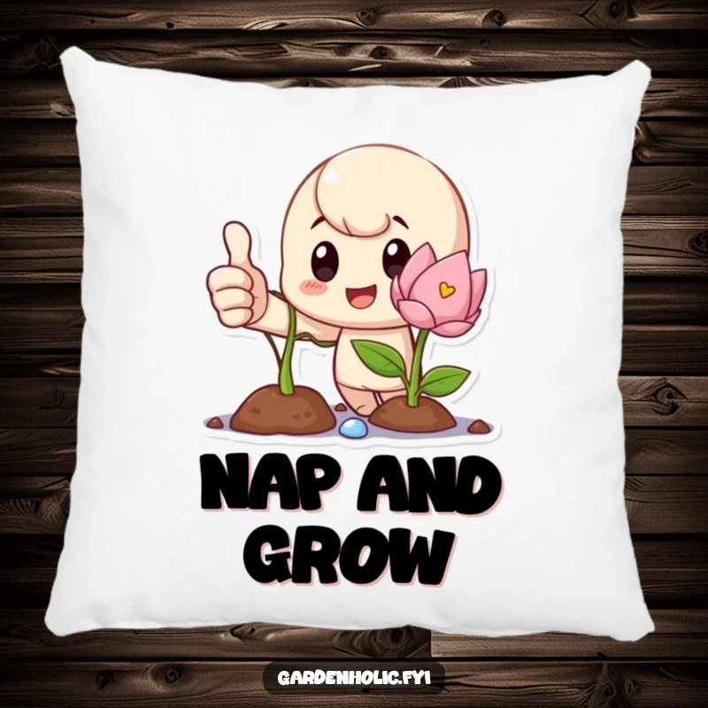 Funny Pillow with a proud character giving a thumbs up beside a blooming sprout, perfect for cozy inspiration.