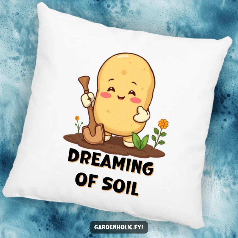 Funny pillow: A smiling potato in gardening gloves, digging enthusiastically, a cozy and humorous decor piece.