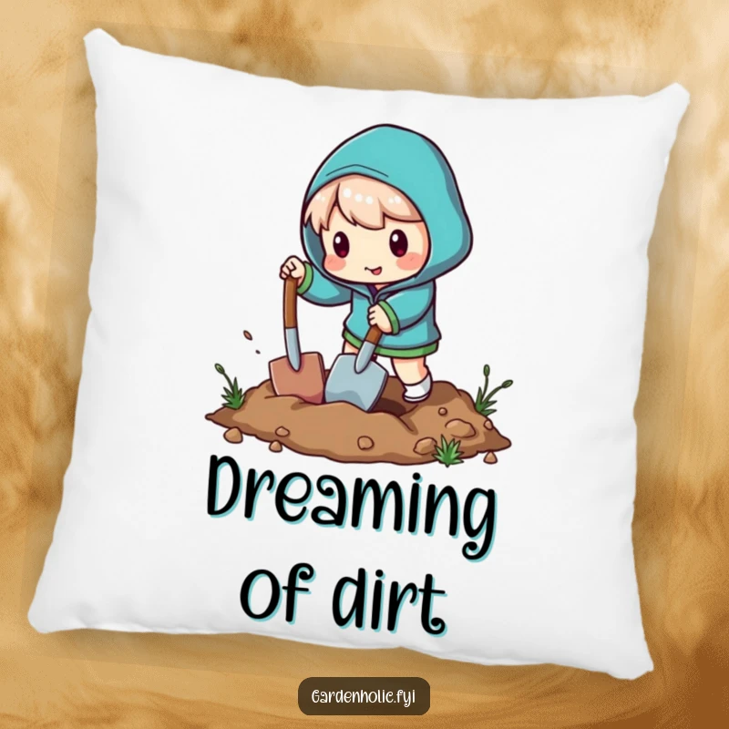 Funny pillow with a character digging energetically using a miniature shovel, perfect for adding humor to comfort.