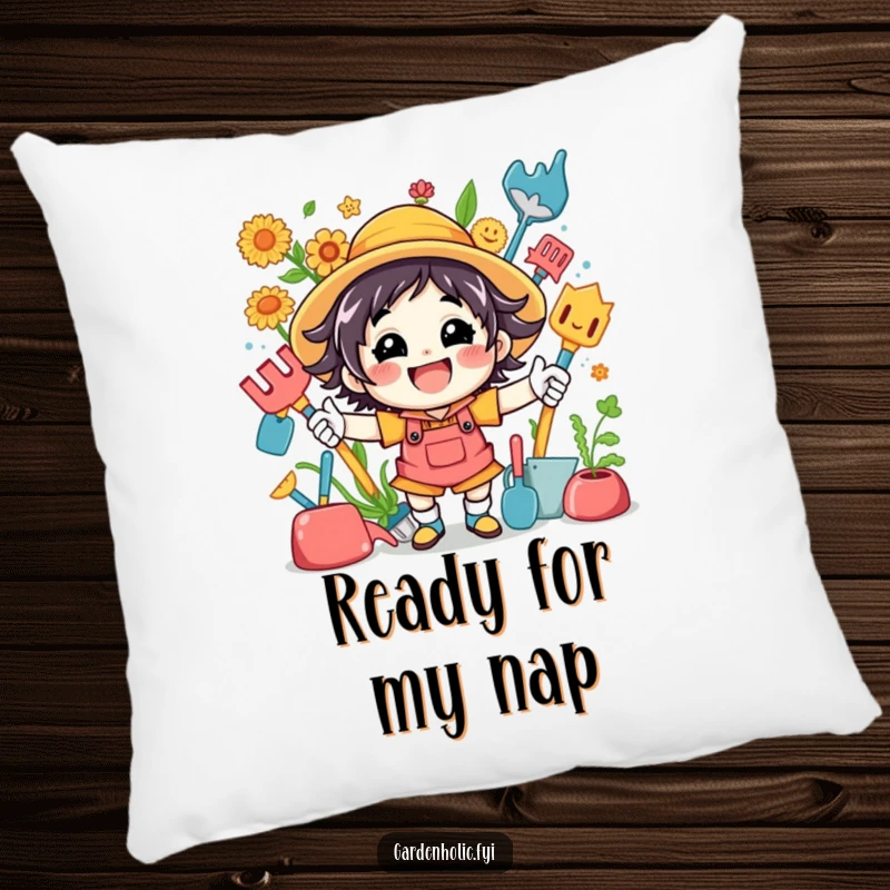 Funny pillow featuring a smiling, energetic character bursting with life, surrounded by various colorful gardening tools, perfect for a cozy nook.