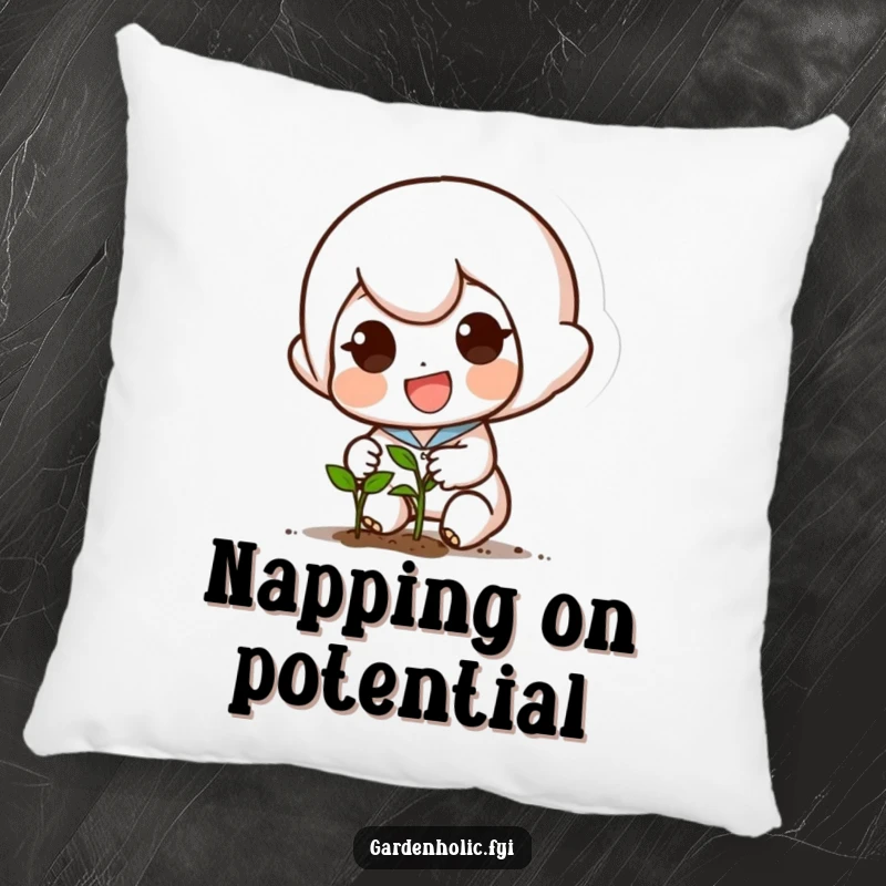 Funny pillow with a small, determined character planting a tiny seed with a smile, perfect for cozy relaxation.