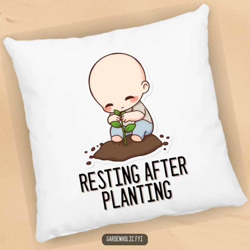 Funny Pillow: Tiny being carefully planting a seed, offering cozy comfort and humorous garden inspiration, a delightful funny gift.