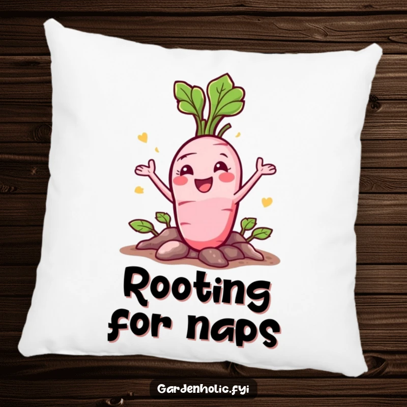 Funny Radish Pillow: A happy character bursting from the ground with a flourish, adds comfort.