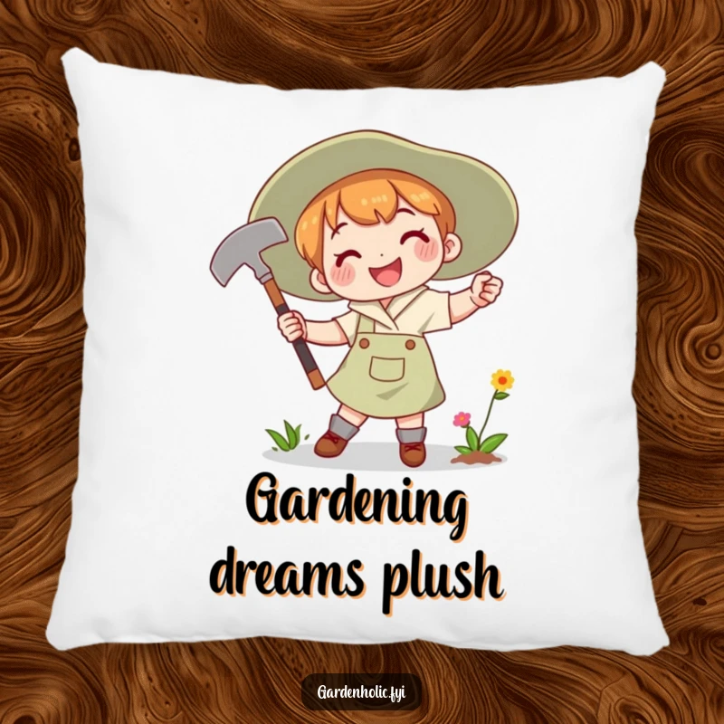 Funny Pillow with a character joyfully swinging a gardening hoe with a determined smile, symbolizing gardening passion.