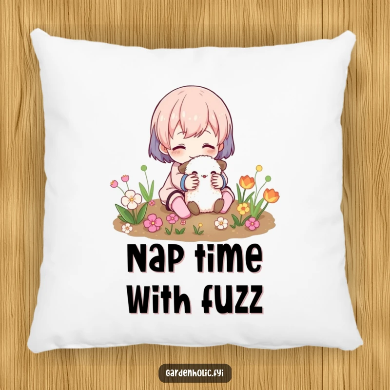 Funny Pillow: A character is shown in a sweet embrace with a fuzzy creature within a garden setting.