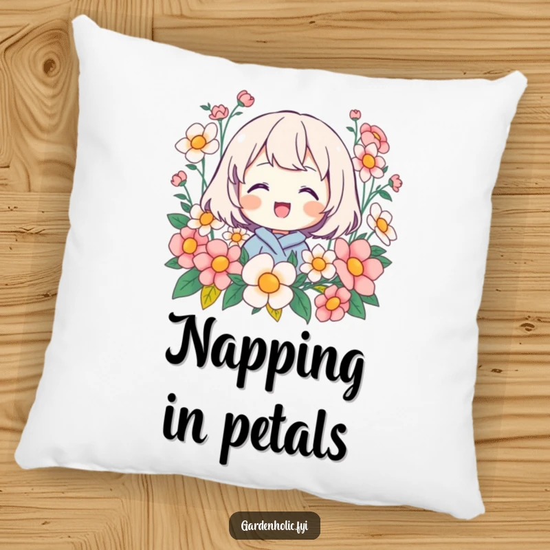 Funny pillow featuring a happy character beaming amidst blooming flowers, perfect for cozy comfort and floral-themed decor.
