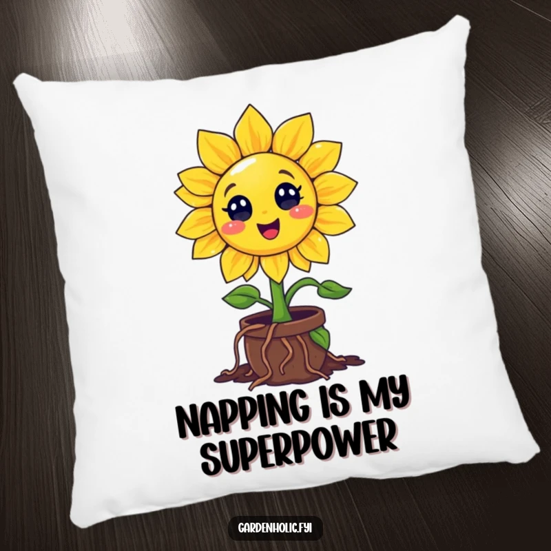 Funny Sunflower Pillow: Character Enthusiastically Digging Roots into a Tiny Pot, Comfortable and Humorous Home Decor