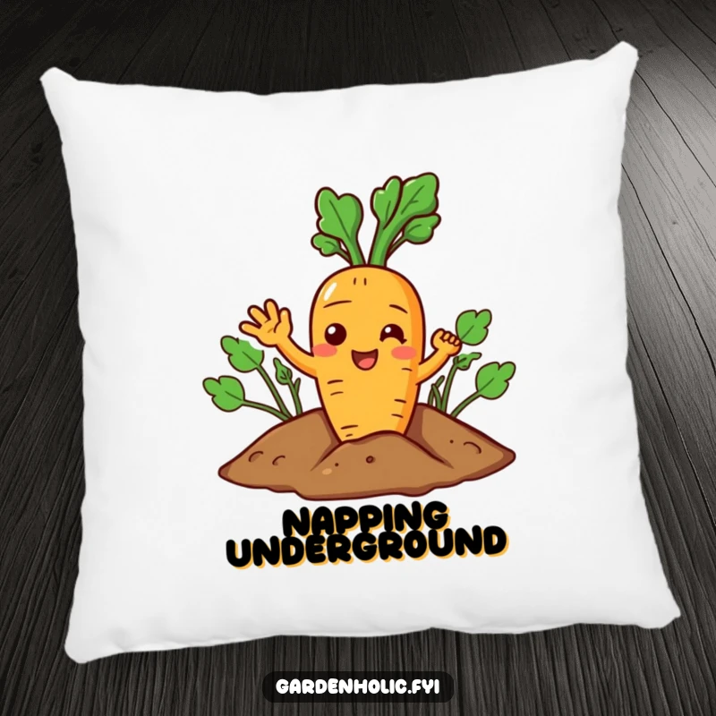 Funny Carrot Pillow: A joyful character giving a cheerful wave from the soil, adds comfort.