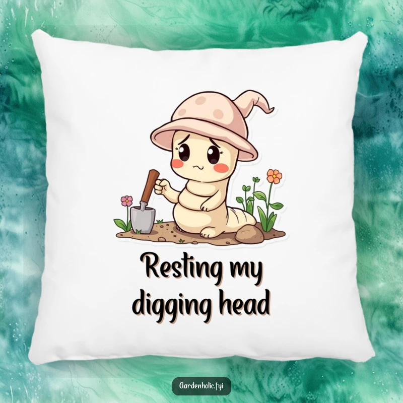 Funny pillow featuring a confused worm wearing a tiny gardening hat and holding a trowel, perfect for cozy relaxation.