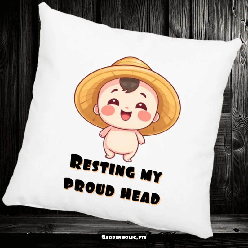 Funny Pillow: Small entity wearing a straw hat, beaming with pride, offering cozy comfort and humorous celebration, a delightful funny gift.