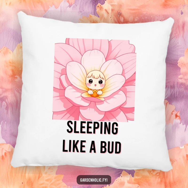 Funny Pillow with a small character with wide eyes peeking out from a giant flower bloom, symbolizing adorable surprise.