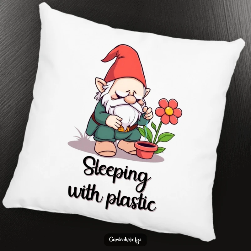 Funny pillow: A grumpy garden gnome attempting to water an obviously fake plastic flower, a humorous and comforting decor piece.
