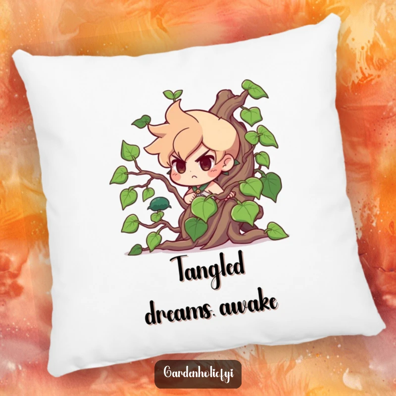 Funny Pillow: A determined character humorously wrestles with an enormous, unruly vine, designed for a funny, cozy space.