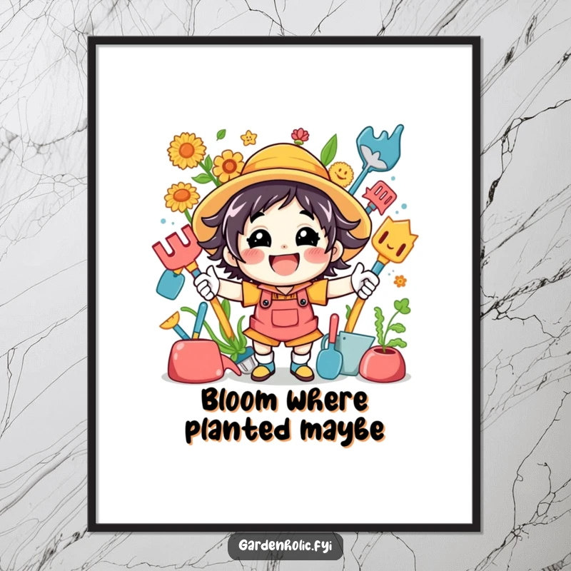 Funny digital art print of an ecstatic character overflowing with energy, surrounded by a cheerful collection of gardening tools.