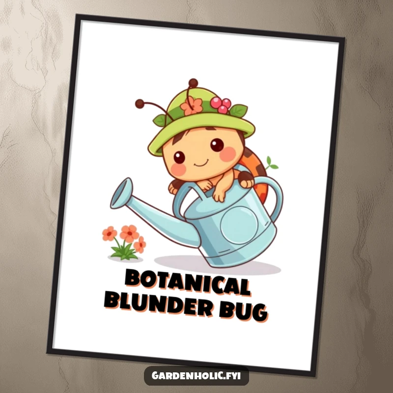 Funny digital art print of a chubby ladybug in a gardening hat, tripping over a watering can. Whimsical wall art.