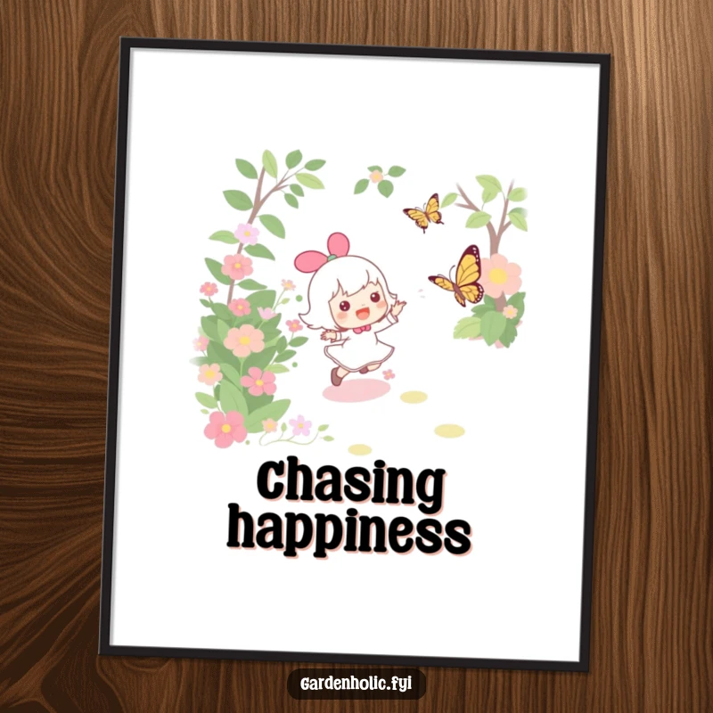 Funny digital art print of a character joyfully chasing a fluttering butterfly through a vibrant garden, capturing pure, playful moments.