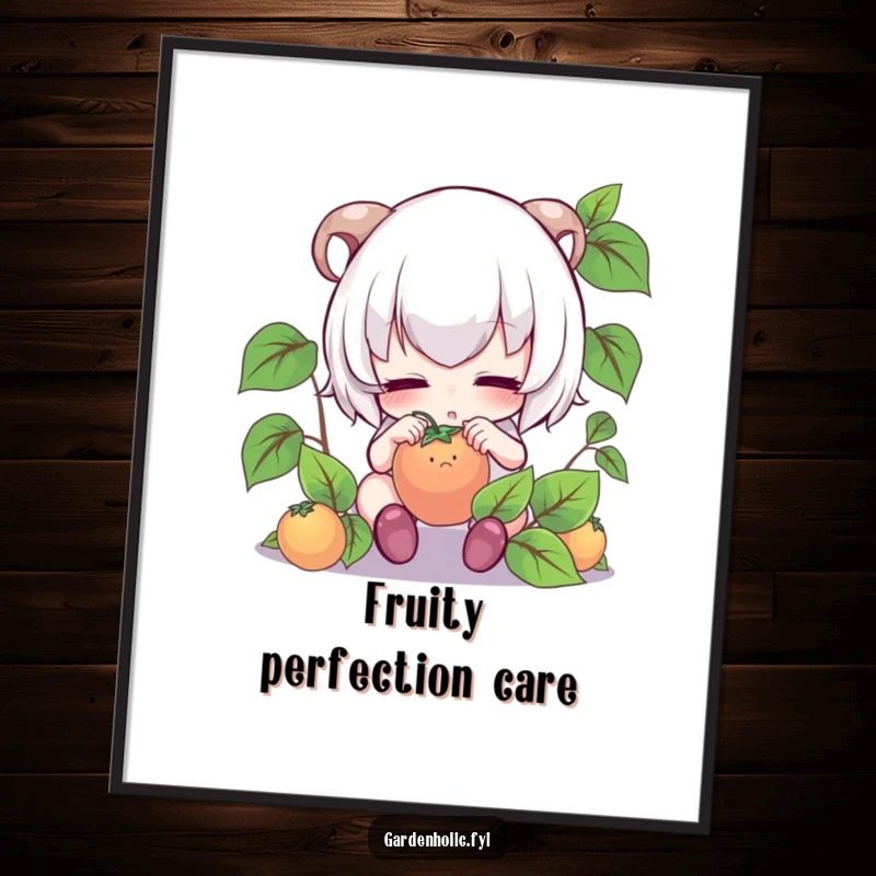 Funny digital art print: Cute character with intense focus, gently tending to a miniature fruit, symbolizing care.