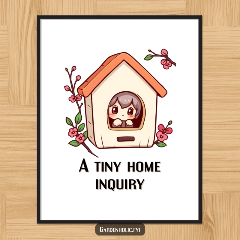 Funny digital art print of a curious character peeking into a tiny birdhouse, perfect for humorous wall decor.
