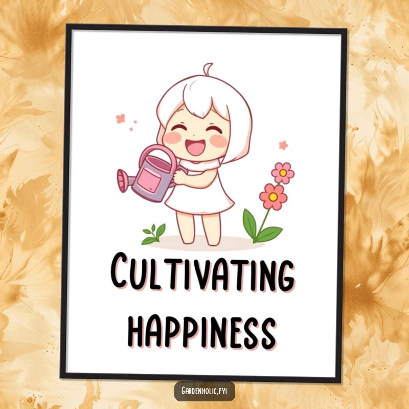 Funny digital art print of a cute character gleefully watering a small blooming flower with a tiny watering can, whimsical decor.