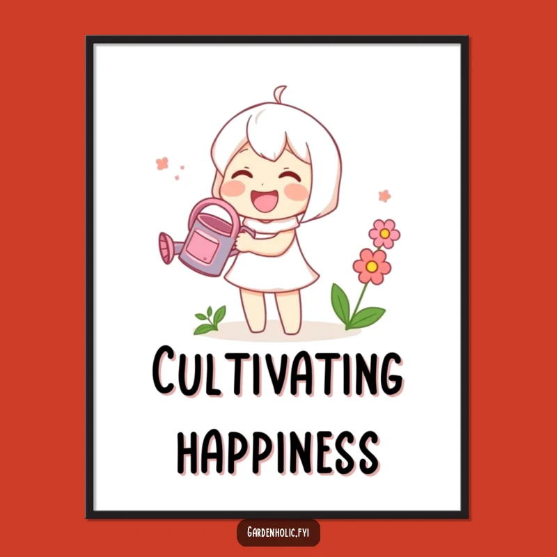 Funny Cute Gardening Art Print: Character Watering Bloom, Whimsical Digital Download & Gift