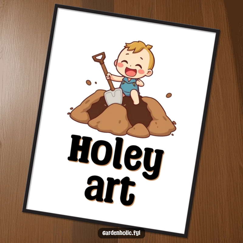Funny Digital Art Print of a character excitedly digging a giant hole with a comically small shovel, embodying humorous effort.
