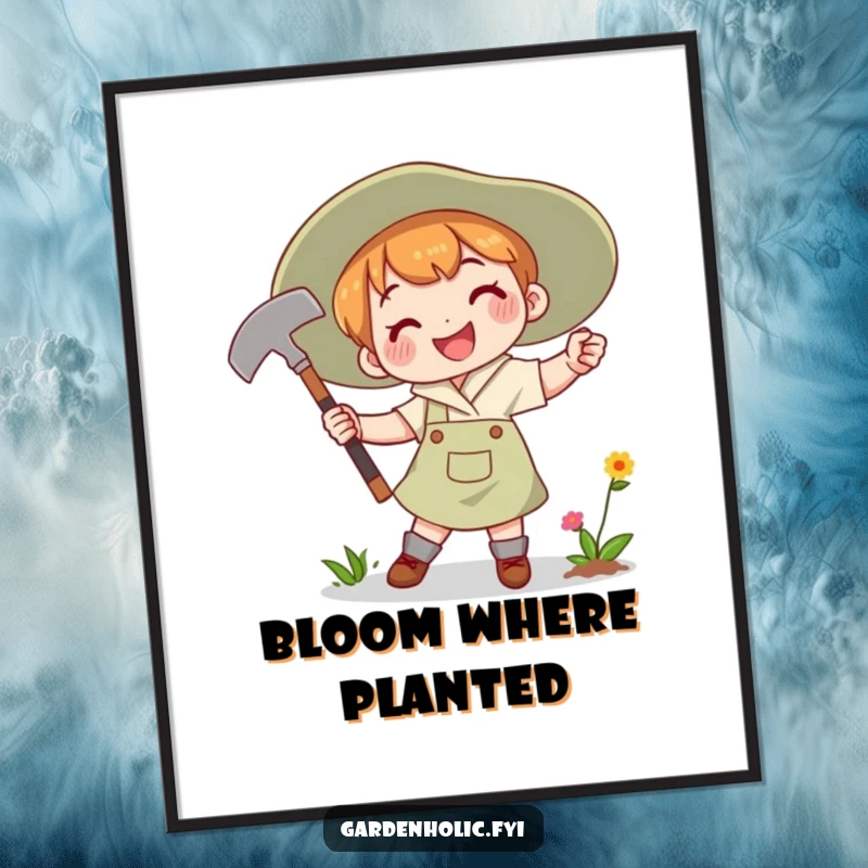 Funny Digital Art Print of a person joyfully swinging a gardening hoe with a determined smile, embodying gardening passion.