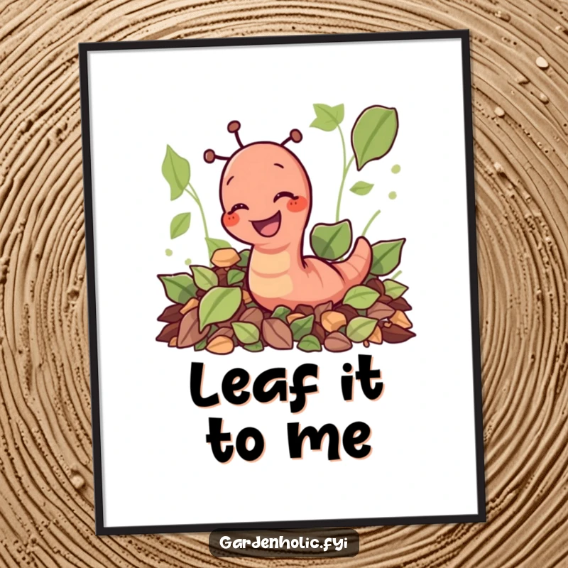 Funny giggling earthworm character digging through leaves as digital art, a fun and funny printable garden gift.